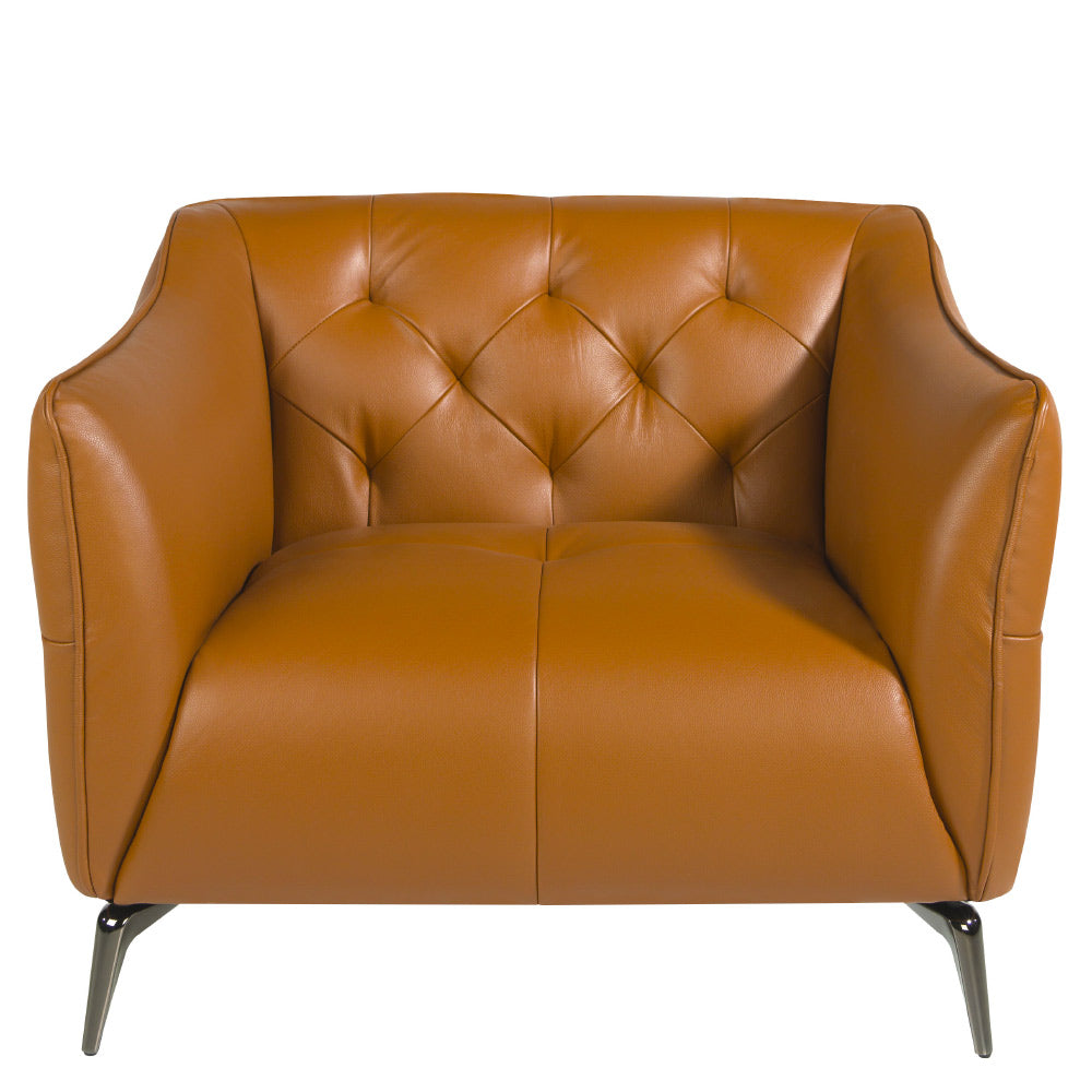 Kortárs stílusú, agyagbarna bőrrel kárpitozott, dizájn fotel acélból készült lábakkal.