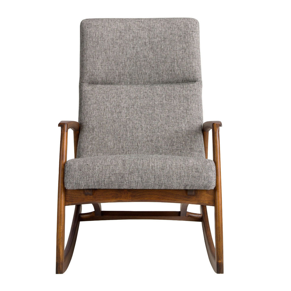 Kortárs stílusú, szürke színű szövettel kárpitozott hintaszék.