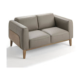 Kortárs, taupe színű bőrrel kárpitozott, diófa furnérral borított, dizájn kanapé.