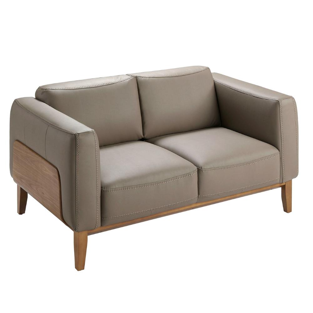 Taupe színű kétszemélyes bőr kanapé diófa furnérozott oldallal