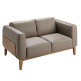 Taupe színű kétszemélyes bőr kanapé diófa furnérozott oldallal