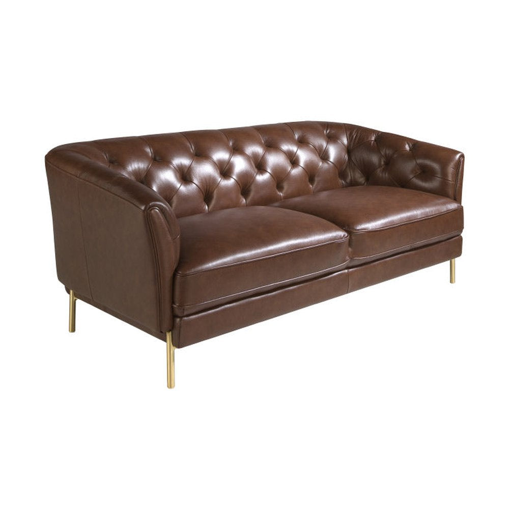 Kortárs stílusú, konyakszínű bőrrel kárpitozott, dizájn kanapé aranyszínű lábakkal.