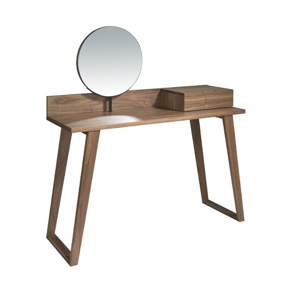 Kortárs stílusú, diófa furnérral borított fa fésülködőasztal, forgatható tükörrel.
