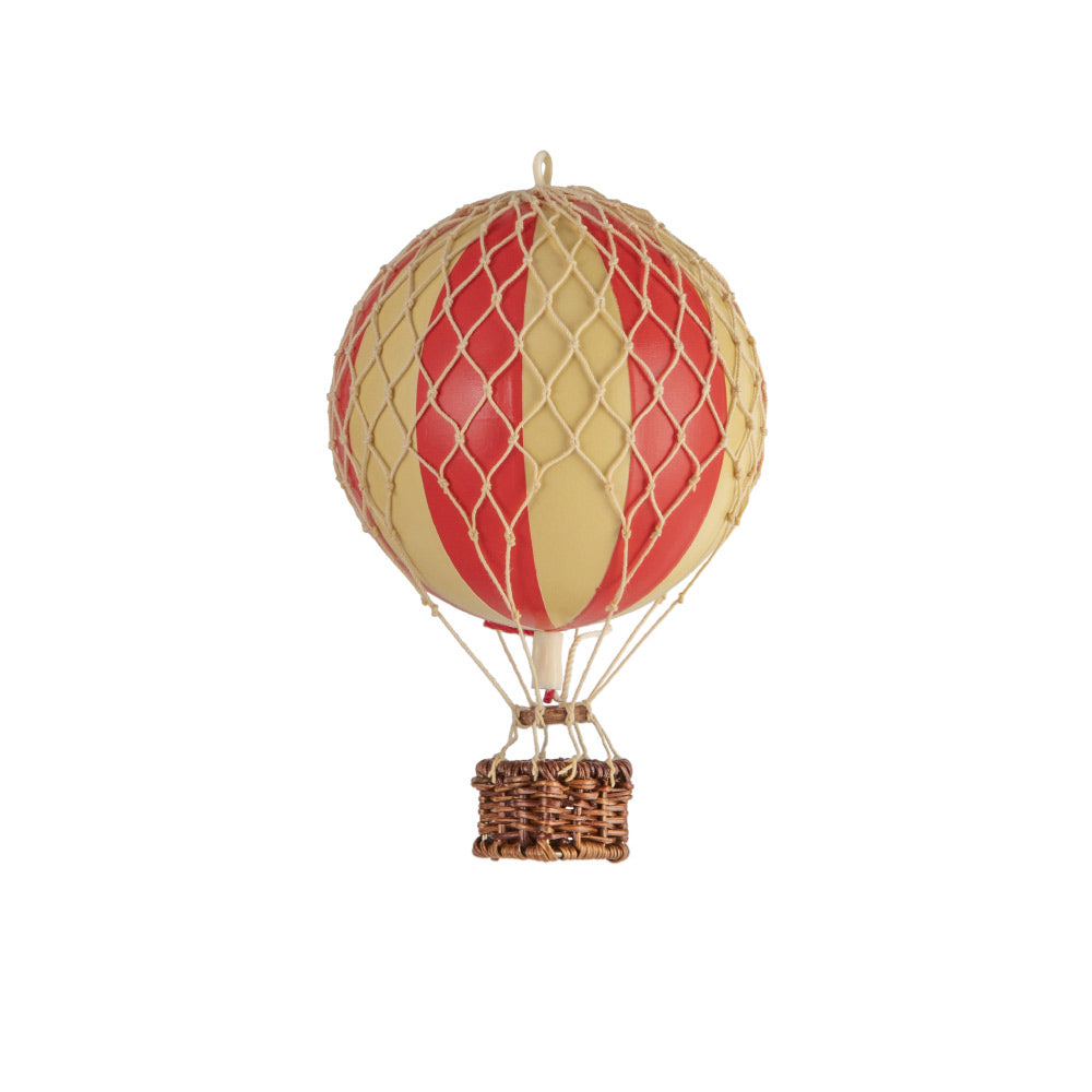 Vintage stílusú, kis méretű, függeszthető, piros-bézs színű dekorációs hőlégballon díszdobozban