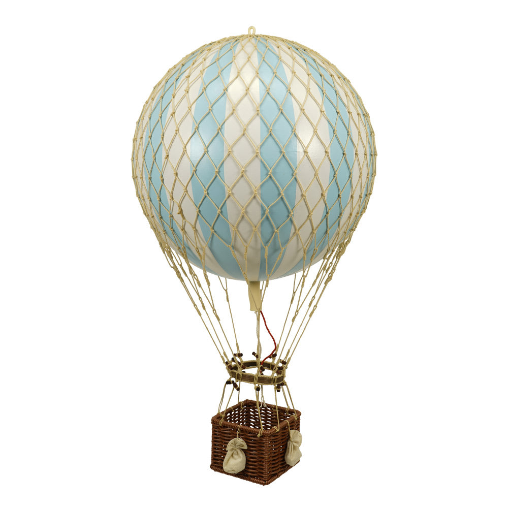 Vintage stílusú, függeszthető kialakítású, világoskék-fehér színű dekorációs hőlégballon
