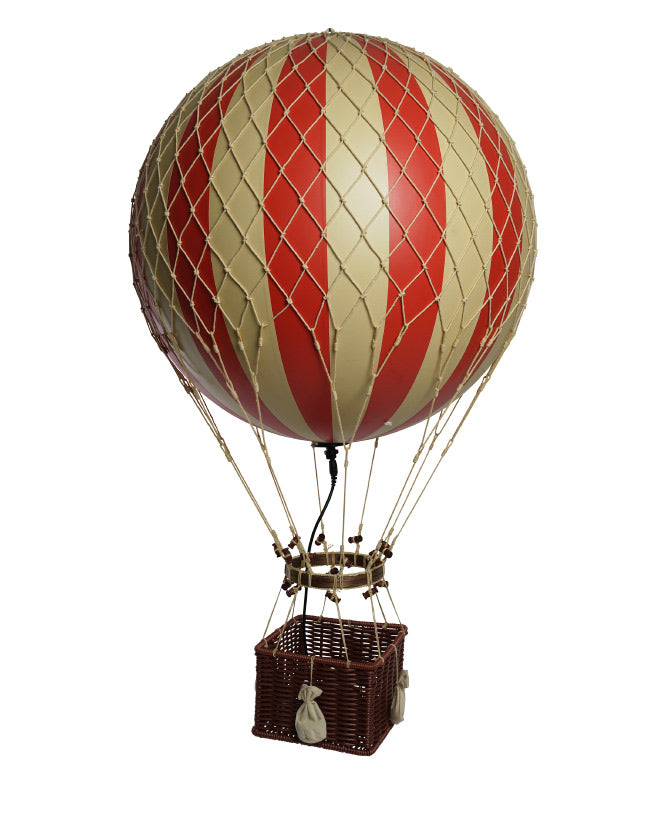 Vintage stílusú, óriás, függeszthető, piros-bézs színű dekorációs hőlégballon LED világítással