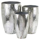 Kortárs stílusú, antikolt ezüstszínű, nagyméretű, három darabos fém kaspó szett