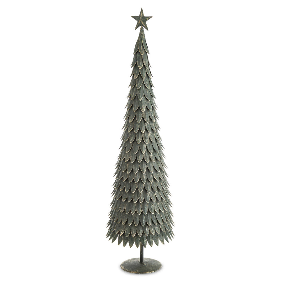 Fém dekor fenyőfa 92 cm – sötétzöld, antikolt hatású felület, csillag csúcsdísszel, 25 cm átmérő.