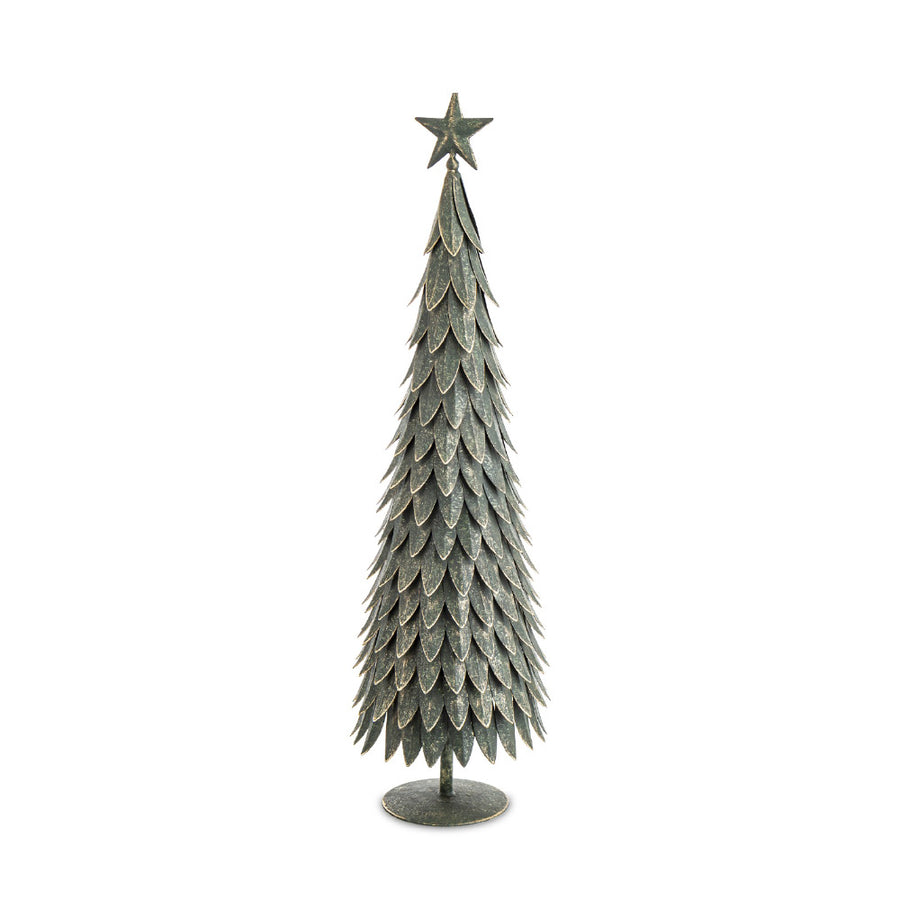 Fém dekor fenyőfa 70 cm – sötétzöld, antikolt hatású felület, csillag csúcsdísszel, 20 cm átmérő.