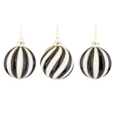 Fekete-fehér csíkos, arany glitteres üveg karácsonyfadísz szett – három darab, 8 cm, függesztve.
