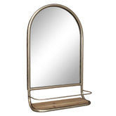 Vidéki stílusú, antikolt rézszínű, boltíves, dekorációs falitükör jegenyefenyő polccal.