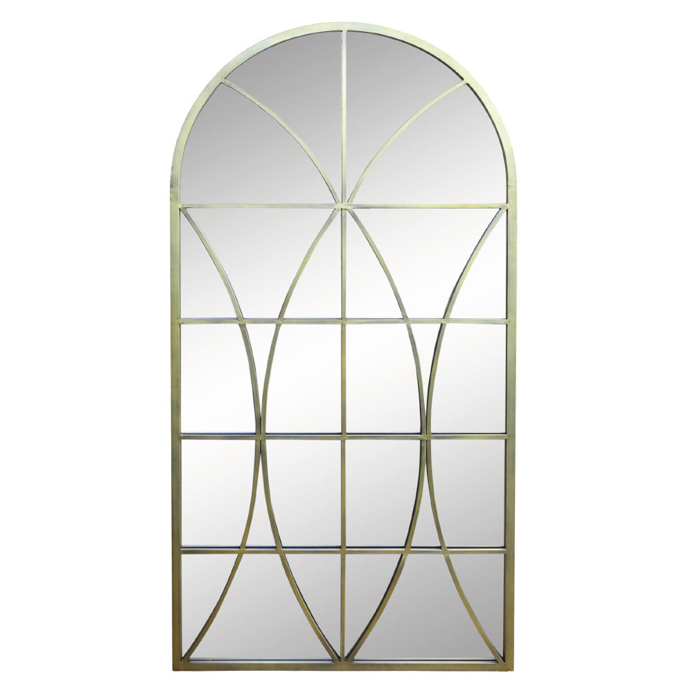 Vintage stílusú, antikolt rézszínű, boltíves, dekorációs falitükör.