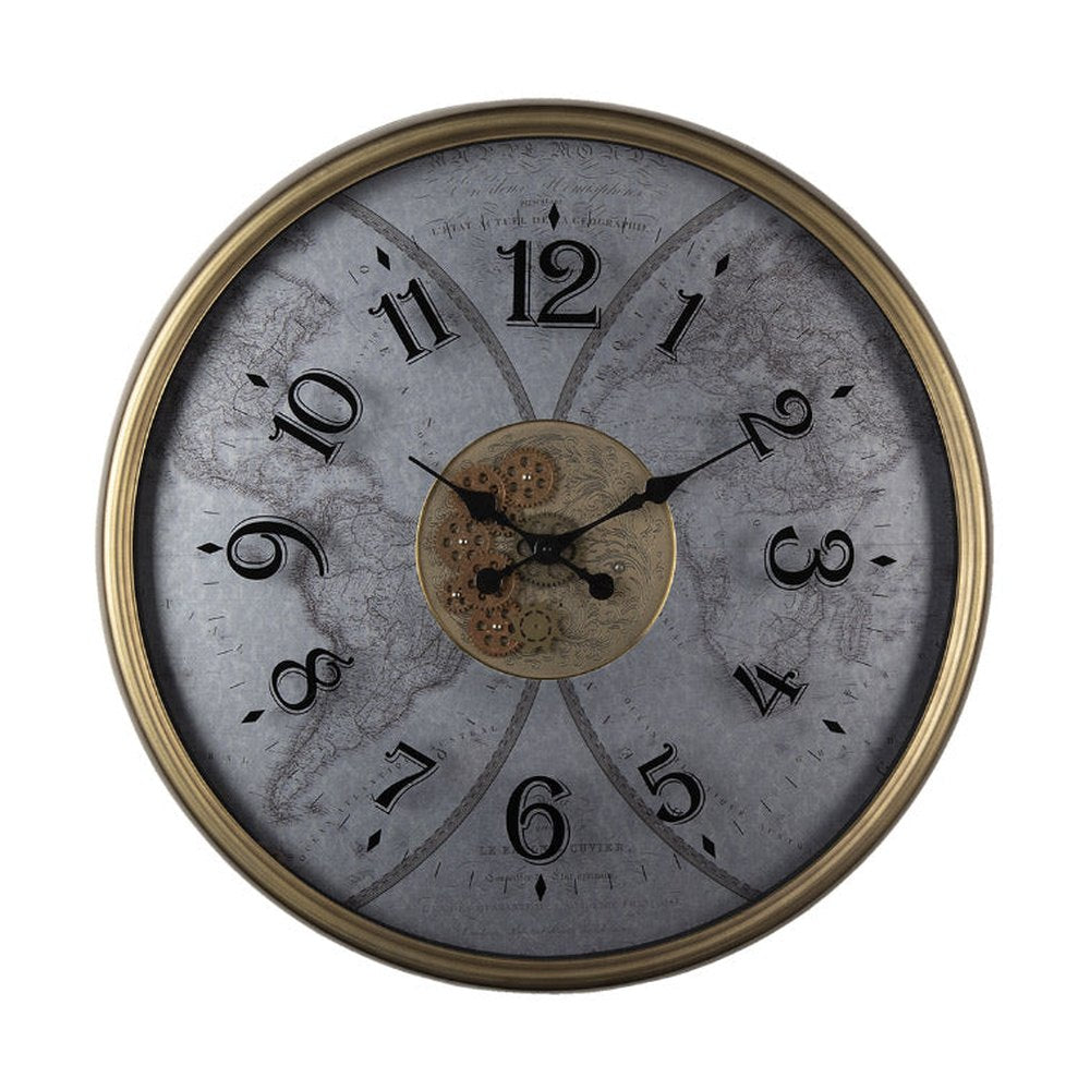 Arany színű fémabroncsos, vintage stílusú falióra, ezüst színű, világtérképes számlappal.