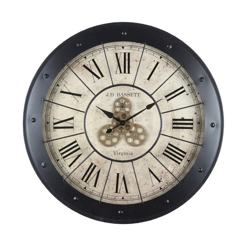 Vintage stílusú, antikolt krémszínű falióra fekete kerettel