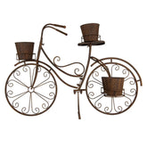 Rozsdabarna fém kerékpár virágállvány 4 kaspóval – teljes nézet