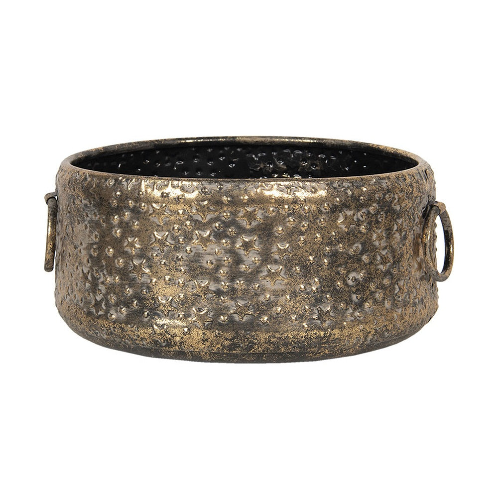 Kortárs stílusú, dombormintás felületű, antikolt aranyszínű, karácsonyi hangulatú fémkaspó