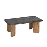 Kortárs stílusú, mangófából készült, natúr és sötétbarna színű dohányzóasztal.