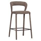 Kortárs stílusú, taupe színű, buklé hatású szövettel kárpitozott bárszék profilnézet