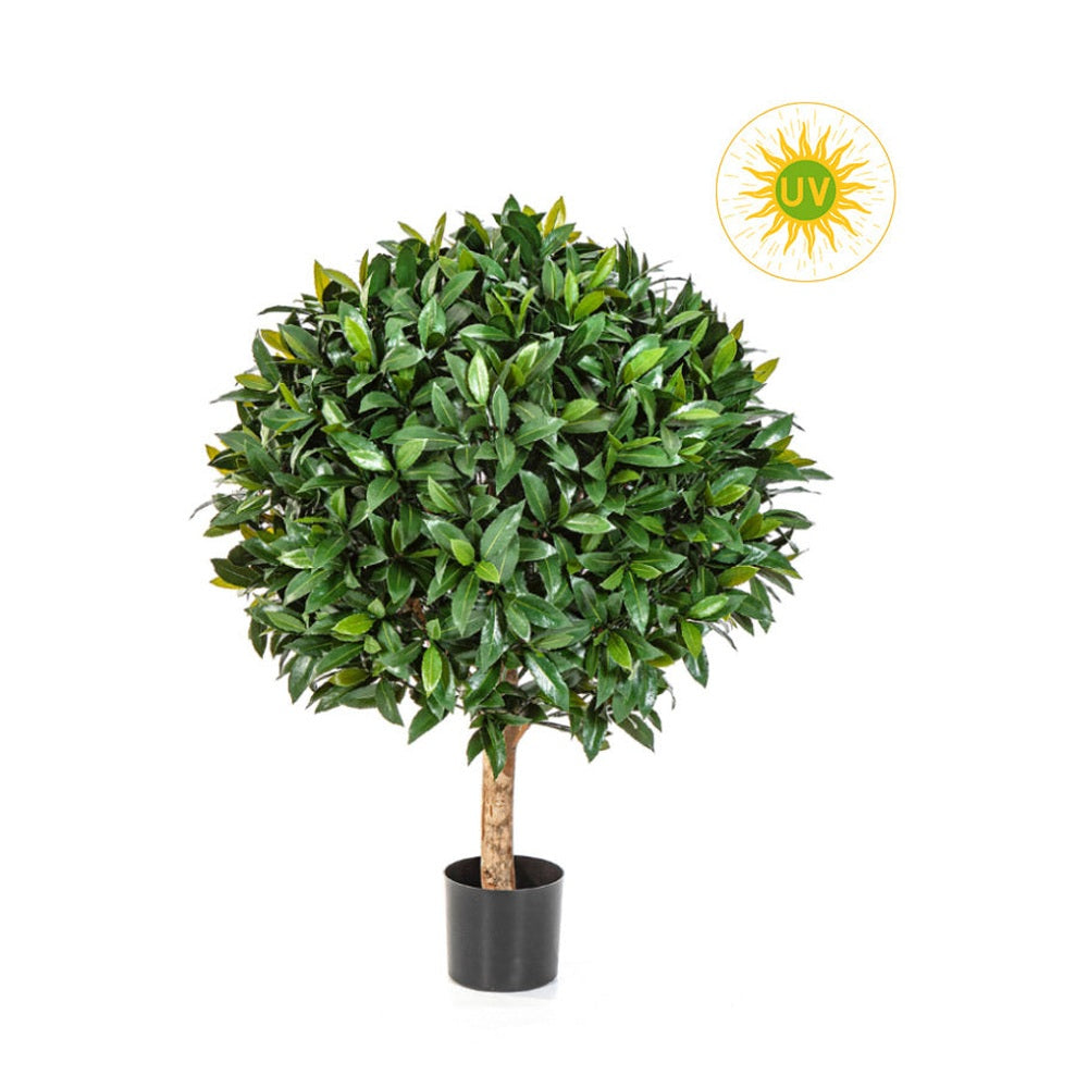 UV-álló, gömb alakú, mű babérfa fekete, műanyag cserépben.