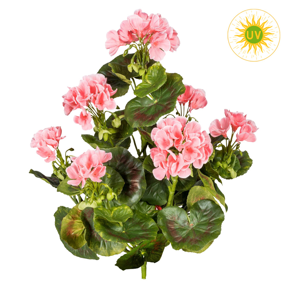 Élethű, UV-álló, dús, beszúrós kialakítású muskátli műnövény rózsaszín virágokkal