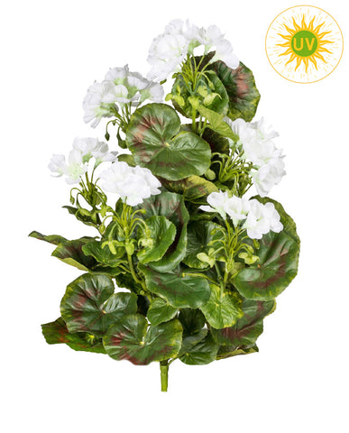 Élethű, UV-álló, dús, beszúrós kialakítású muskátli műnövény fehér virágokkal