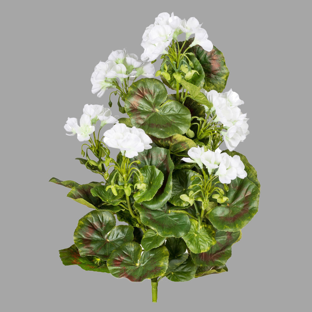 Élethű, UV-álló, dús, beszúrós kialakítású muskátli műnövény fehér virágokkal