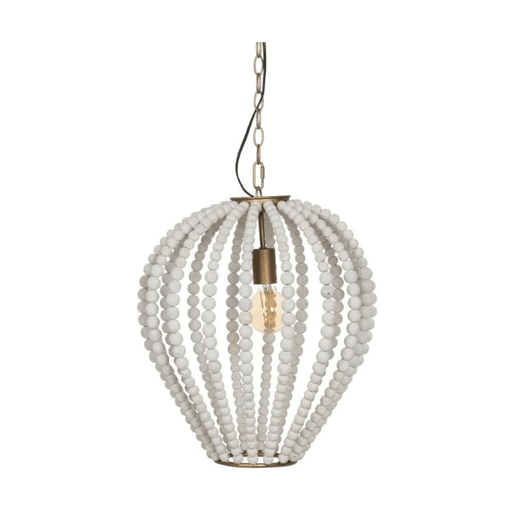 Shabby Chic, aranyszínű fémből és törtfehér színű fa gyöngysorból készült beltéri függeszték