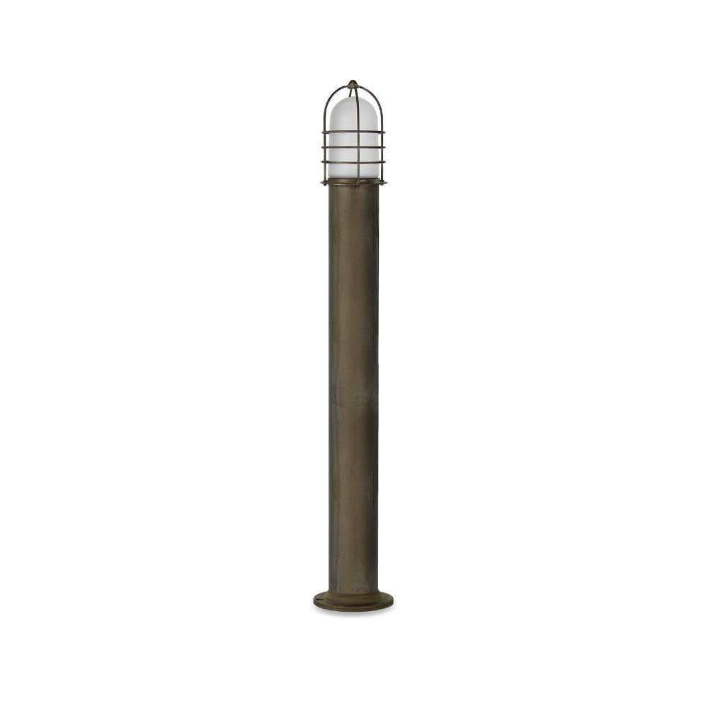Torcia ipari stílusú tömör réz kerti állólámpa díszráccsal védett opál üvegbúrával, 123 cm-es magassággal