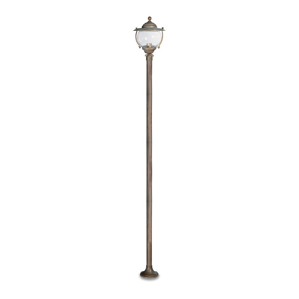 Moretti Luce Betulle vintage stílusú tömör réz kerti kandeláber gömbölyded üvegbúrával, 177 cm-es magassággal