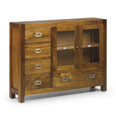 Loft stílusú, mindifából készült, nagyméretű konzolszekrény fiókokkal és vitrines résszel.