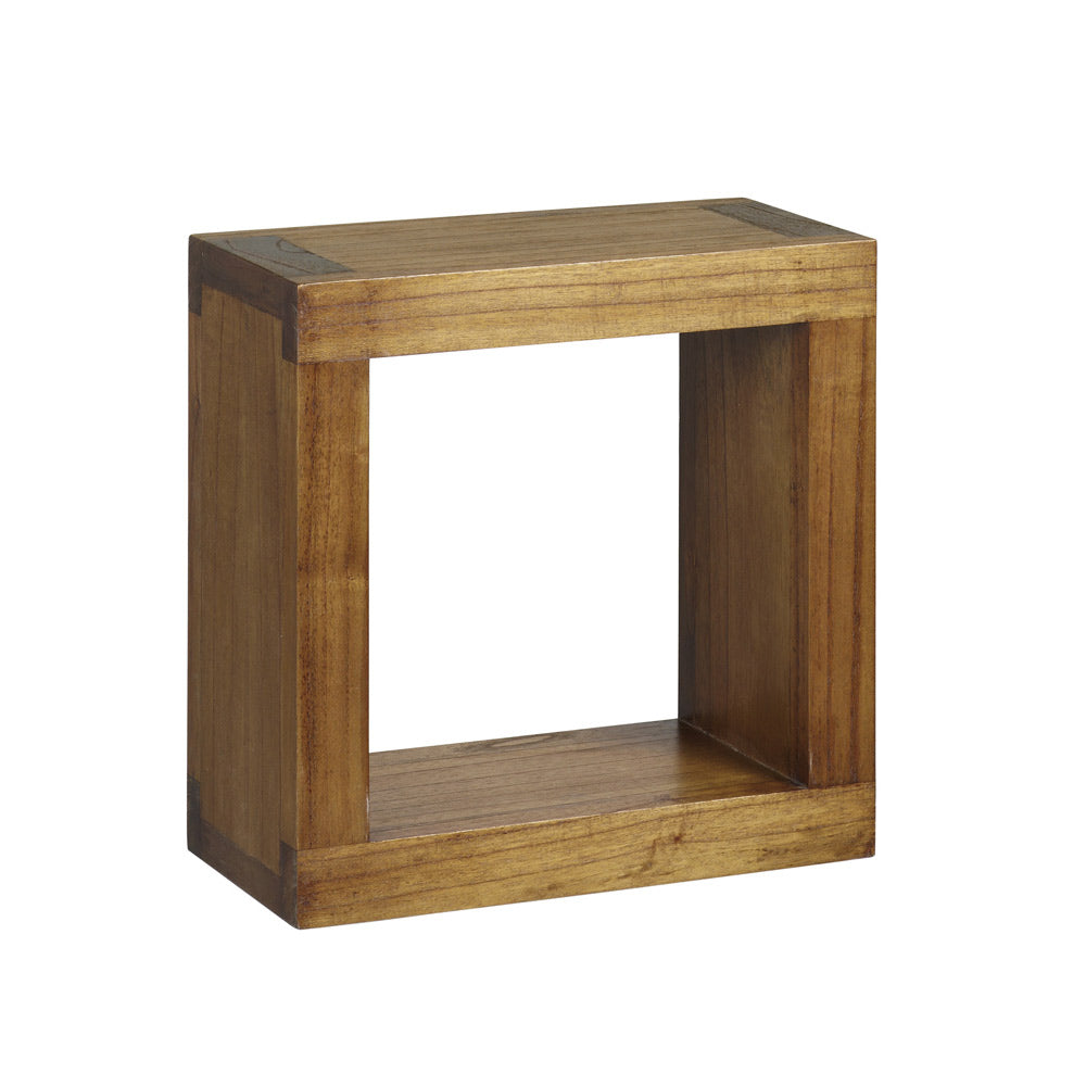 Loft stílusú, tömör mindifából készült, négyzet alakú, lakkozott felületű fali polc