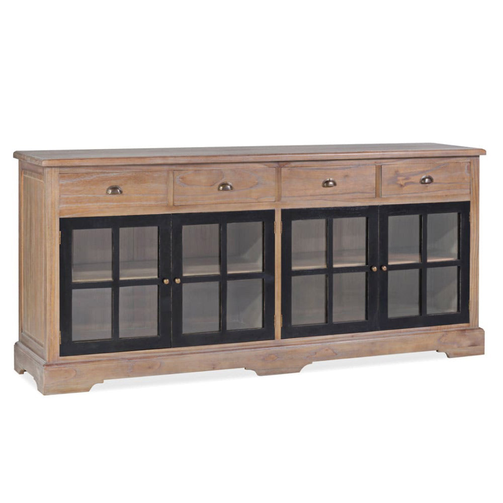 Siena natúr mindifa tálalószekrény 200×47×90 cm – frontális nézet, fekete keretes üvegajtókkal