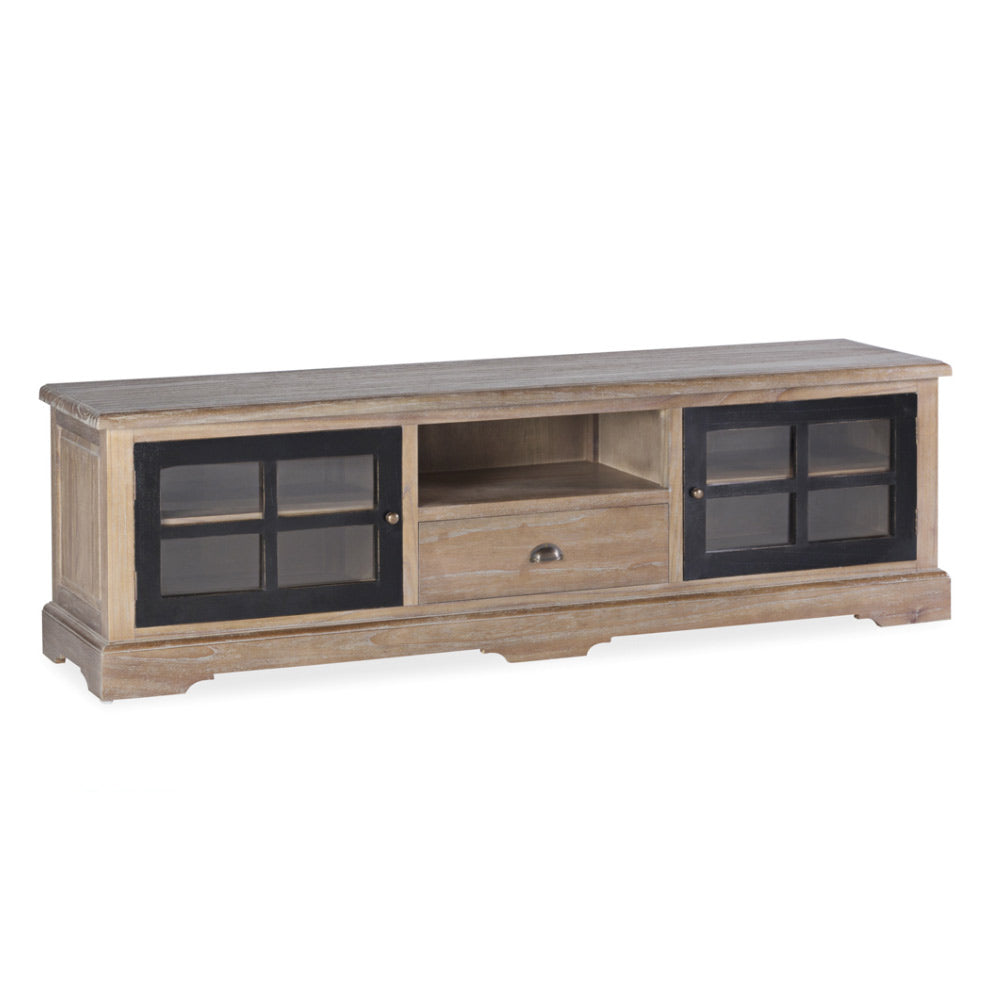 Siena TV-állvány 170×42×50 cm – frontális nézet, natúr mindifa és fekete üvegajtók