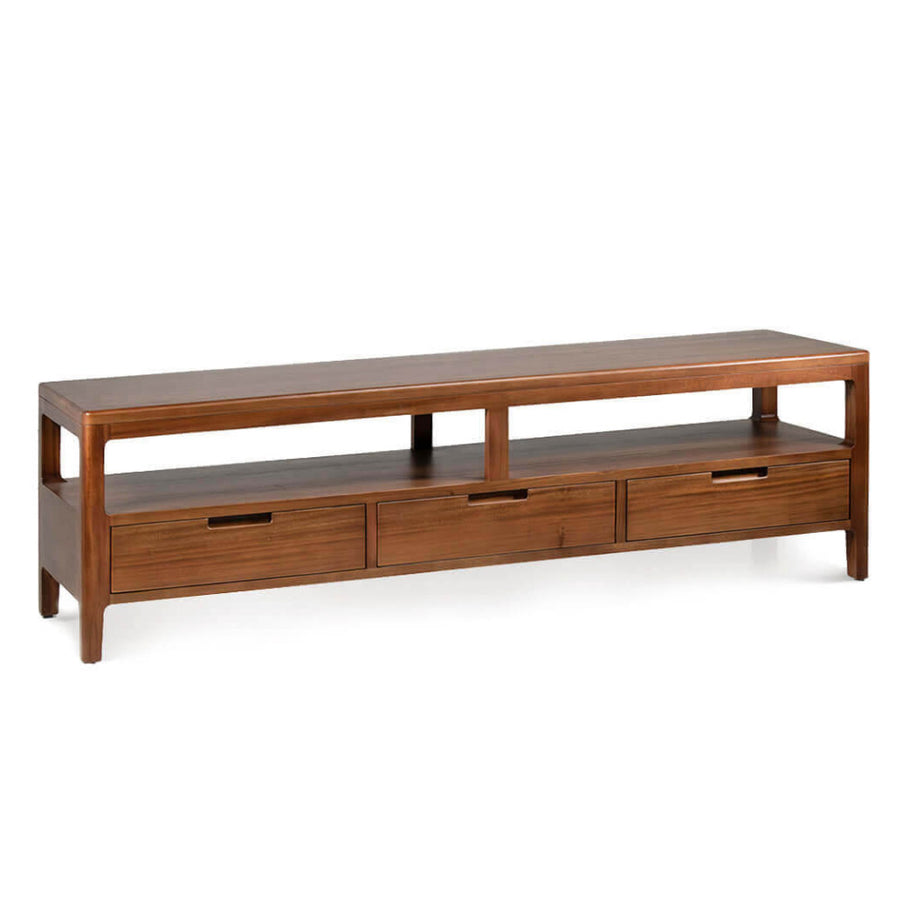 Oporto TV-állvány 160×40×45 cm – frontális nézet, mahagóni fa, három alsó fiókkal