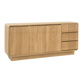 Modern, tömör teakfából készült, háromajtós és háromfiókos komódszekrény