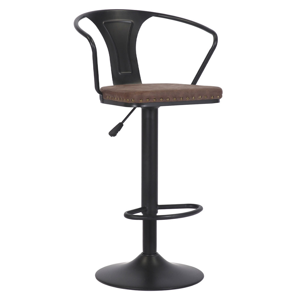 Loft stílusú, műbőr ülőkés, állítható magasságú bárszék műbőr háttámlával.