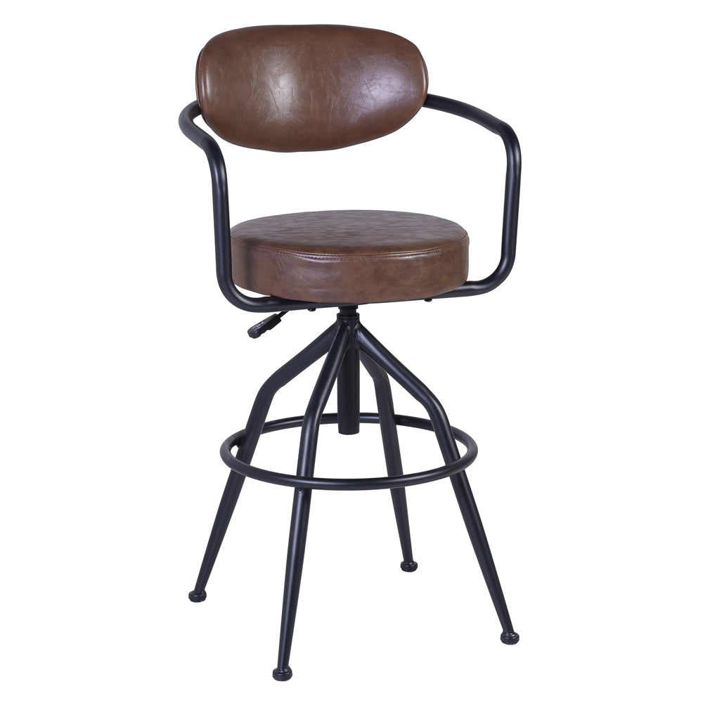 Loft stílusú, bőr ülőkés, állítható magasságú bárszék bőr háttámlával.