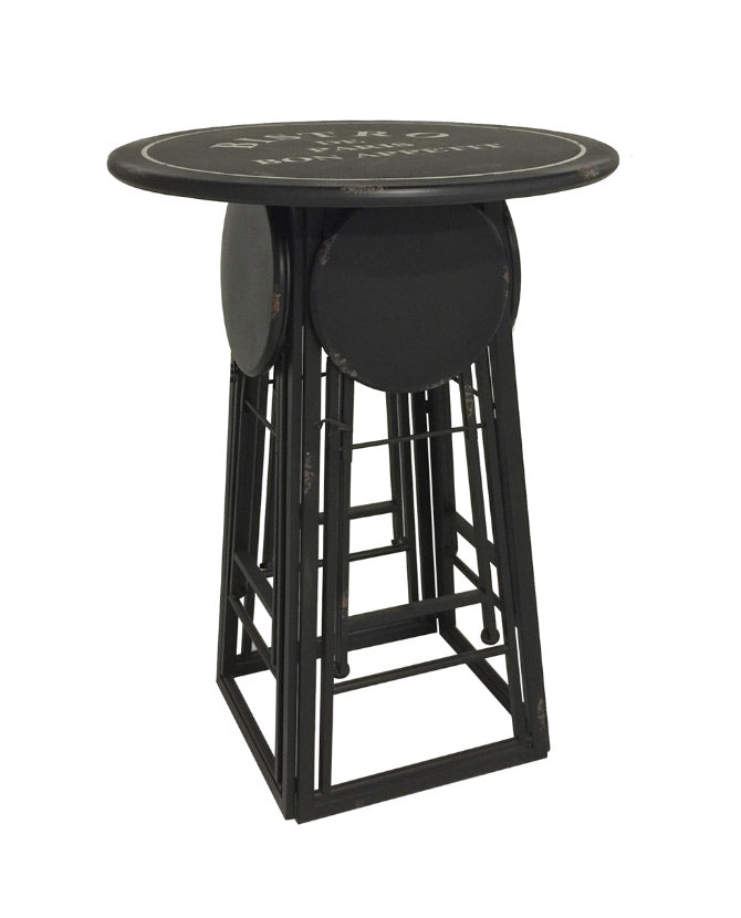 Retró, vintage stílusú, fekete színű, kerti asztal négy darab lehajtható székkel zárt állapotban