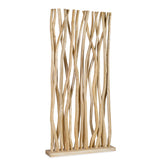 Törzsi ihletésű kortárs stílusú, natúr színű teakfa térelválasztó paraván.