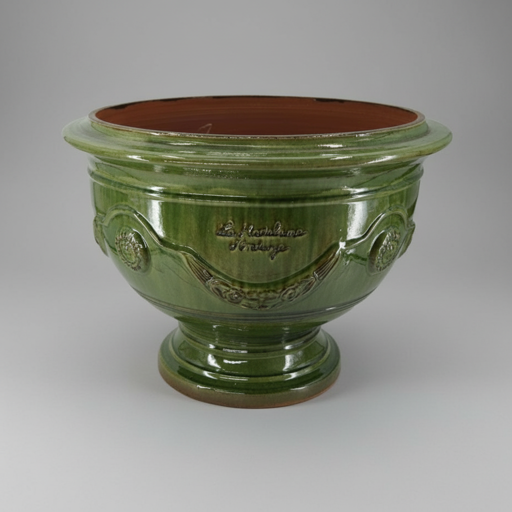 Nagy méretű, tradiconális mázas, zöld színű, anduze kerámia kaspótál Nagy méretű, tradiconális mázas, zöld színű, anduze kerámia kaspótál