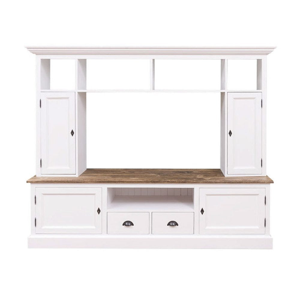 Kételemes, fenyőfa, tömörfa TV szekrény, fehér és Natúr színű.