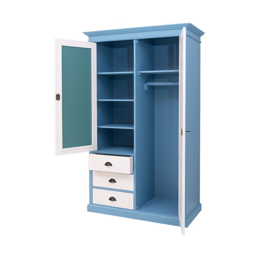 Blue pine wardrobe from the Maison collection with white framed doors; left section open with shelves and three drawers, right hanging space