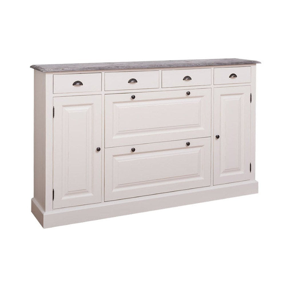 Fenyőfából készült cipősszekrény tölgyfa fedlappal. Fehér és szürke színű.