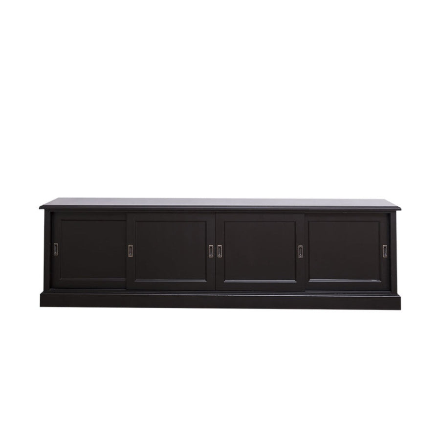 Dark Maison pine TV cabinet 246 cm with four panel doors and a TV on top