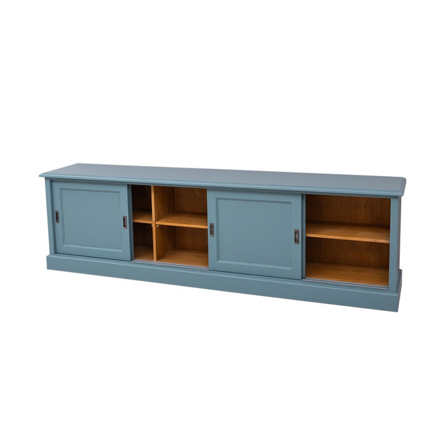 Maison pine TV cabinet 246 cm wide in blue with sliding doors and open shelf compartments