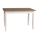 Fenyőfa étkezőasztal. A lábak színe fehér, az asztallap színe barna lakkozott.