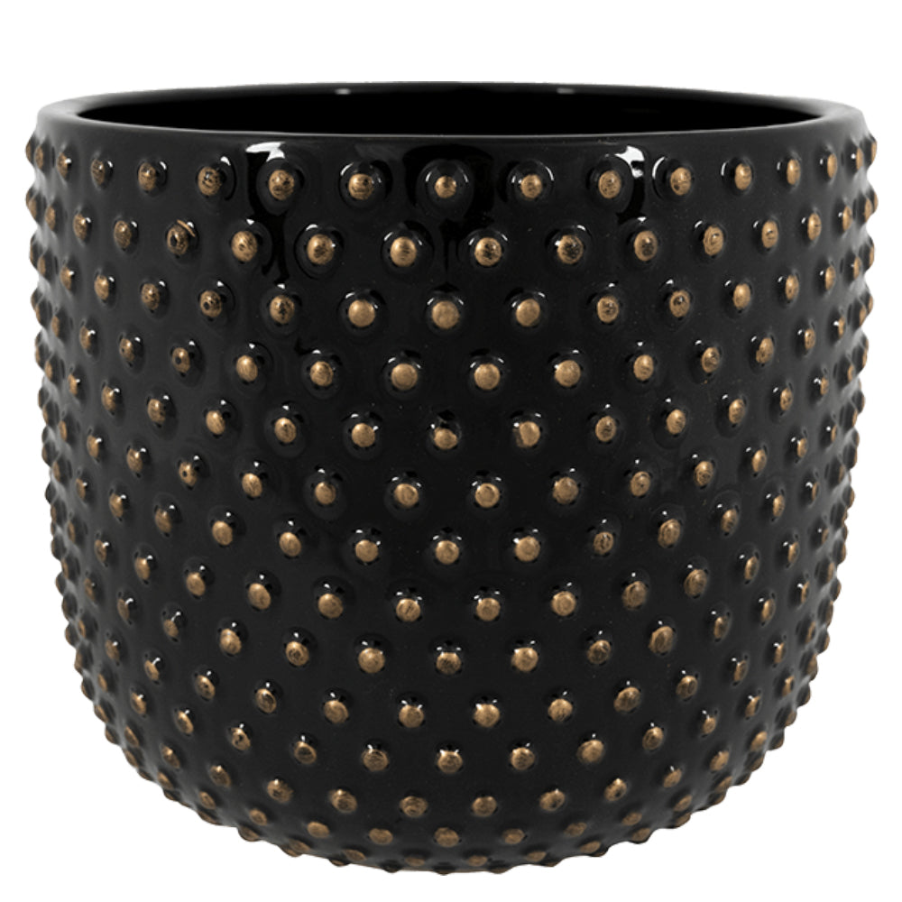 Modern stílusú, fekete színű, mázas kerámia kaspó aranyszínű, pöttyös dombormintával
