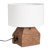 Kortárs, natúr színű, teakfából készült, asztali lámpa fehér lámpaernyővel