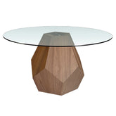 Kortárs stílusú, diófurnérral borított fenyőfából készült, dizájn étkezőasztal edzett üveglappal.