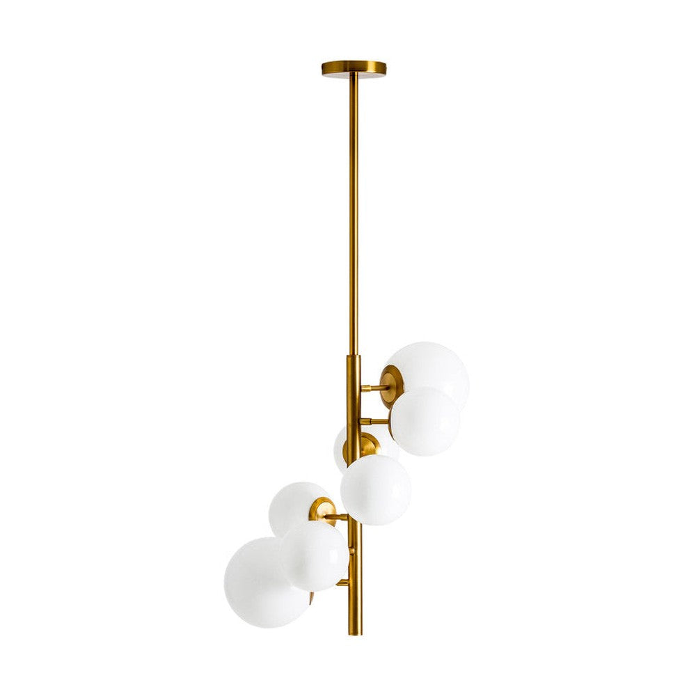 Art Deco stílusú, fémből készült, aranyszínű dizájn függeszték fehér színű, opál lámpabúrákkal.